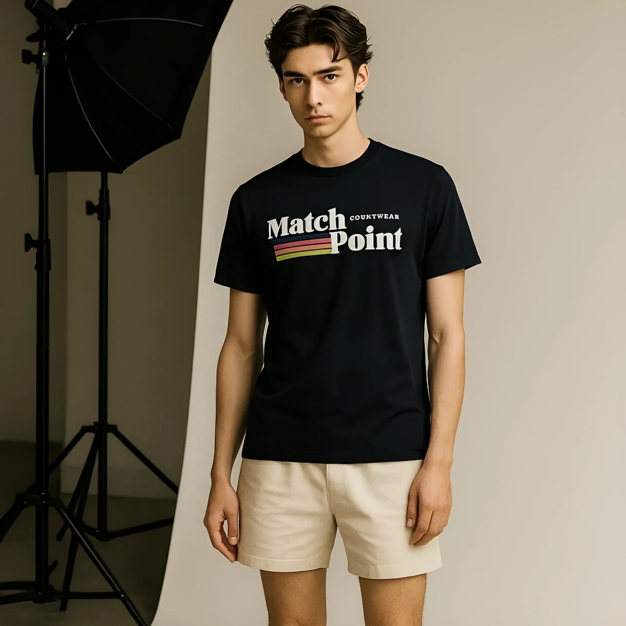 Black men's casual T-shirt with 3D digital printed pattern, short sleeves and round neck