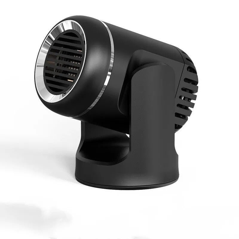 Black and white 12V portable car heater with defrosting and cooling functions, showing dimensions.