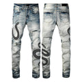 8934Blue distressed wash skinny jeans with micro elasticity and button fly opening