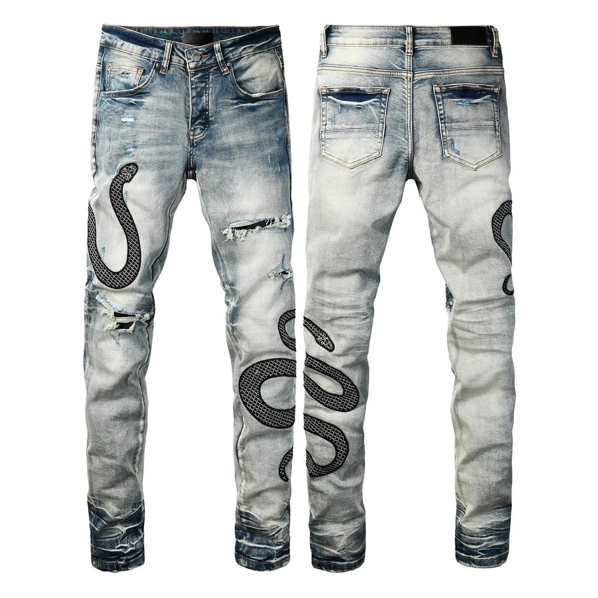 8934Blue distressed wash skinny jeans with micro elasticity and button fly opening
