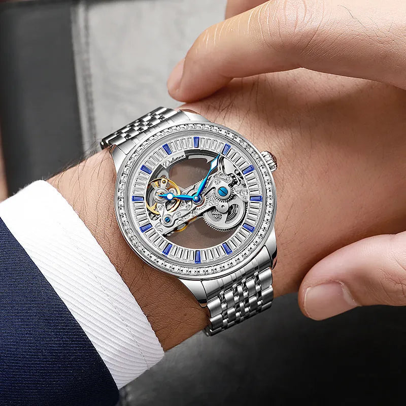 Men's waterproof mechanical business watch with transparent case back and choice of straps
