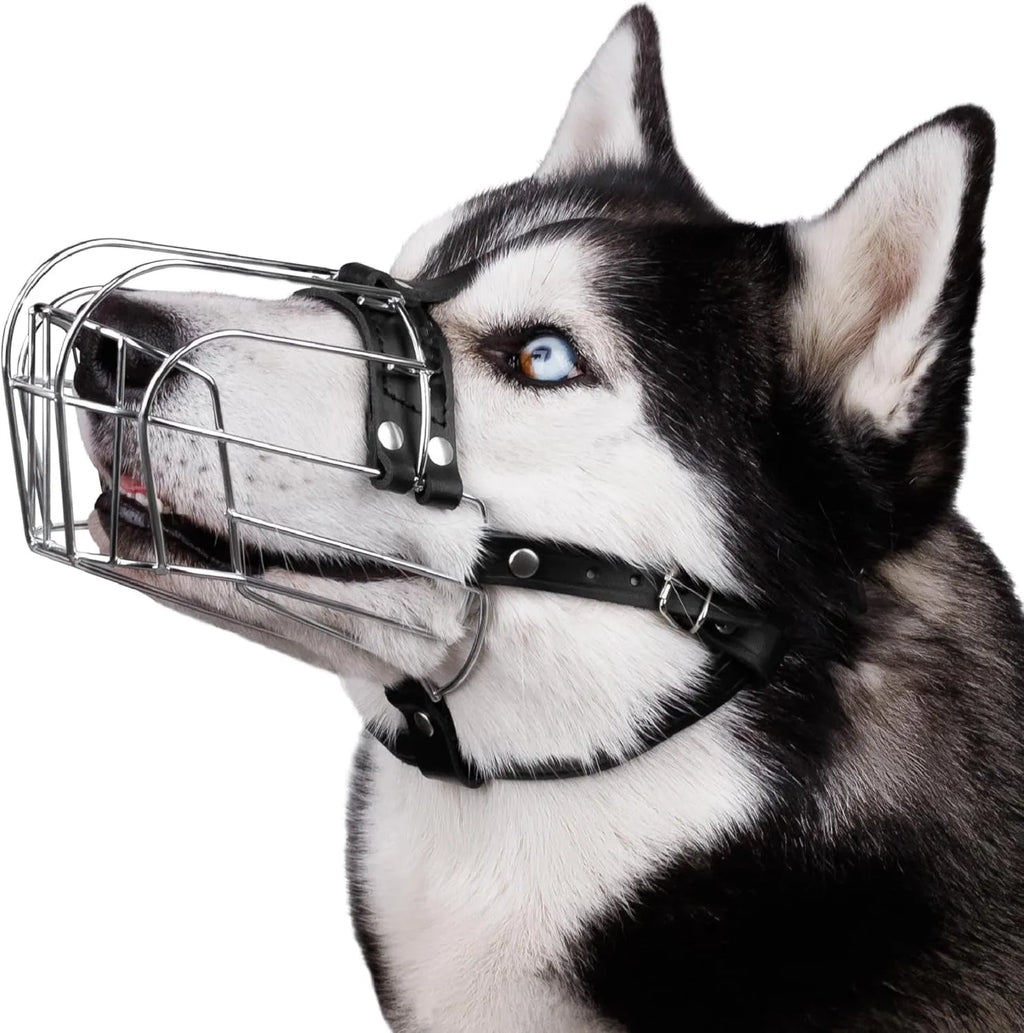 Black metal dog muzzle designed specifically for Golden Retrievers and German Shepherds