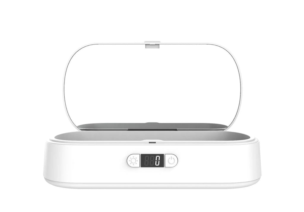 White aromatherapy UV steriliser box with wireless charging for mobile phones and small personal items