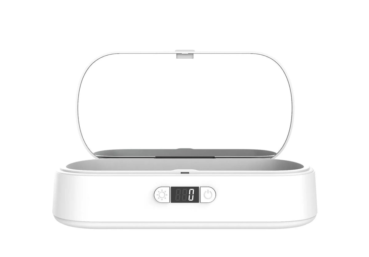 White aromatherapy UV steriliser box with wireless charging for mobile phones and small personal items