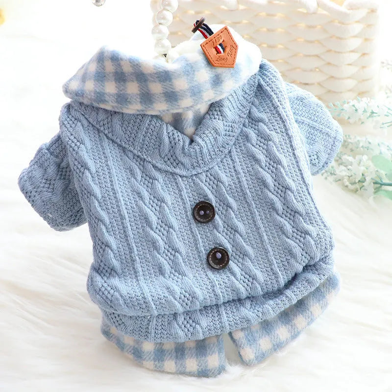 Blue wool plaid dog sweater with fleece lining and fake two-piece design on medium-sized dog