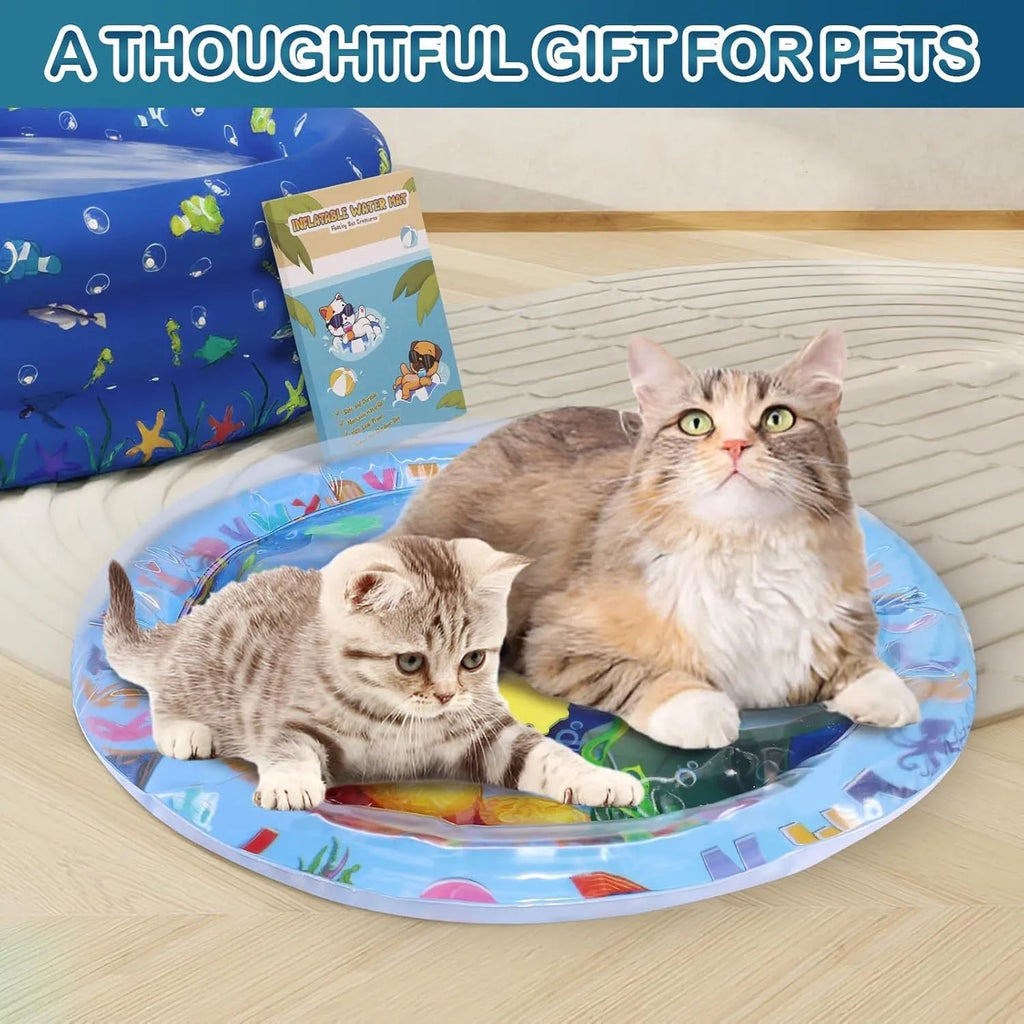 Water sensory playmat for cats with floating toys in ocean theme design on blue PVC surface