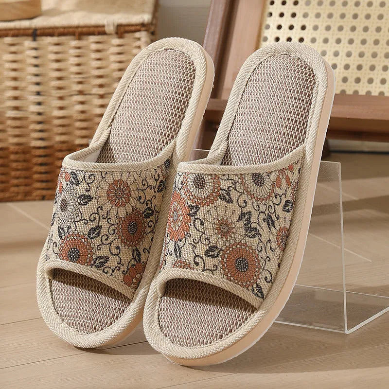 Women's open toe slippers in linen and cotton with thickened sole in dark coffee and pure gray colors