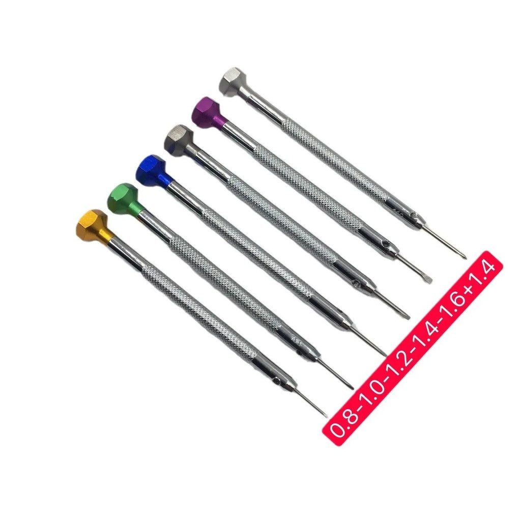 Six colour-coded aluminium screwdrivers for watch repair with copper handles and oxidised cutter heads