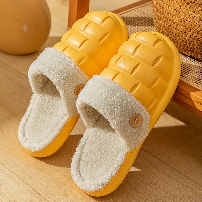 Plaid patterned detachable EVA slippers with plush lining shown in pink, green, yellow, white, grey and black.