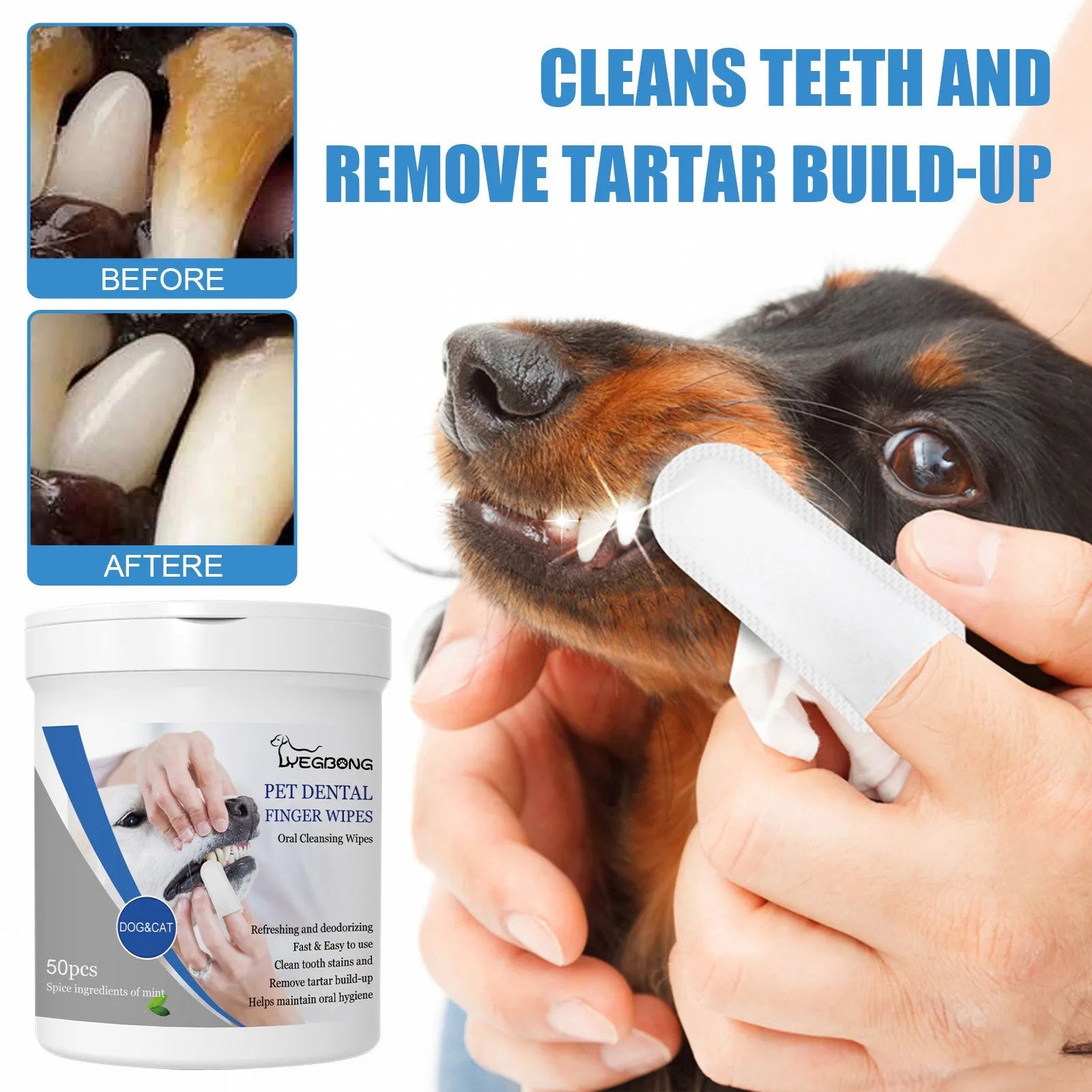 Canister of 50 dog dental finger stall wipes for canine oral hygiene with fingertip sleeve design