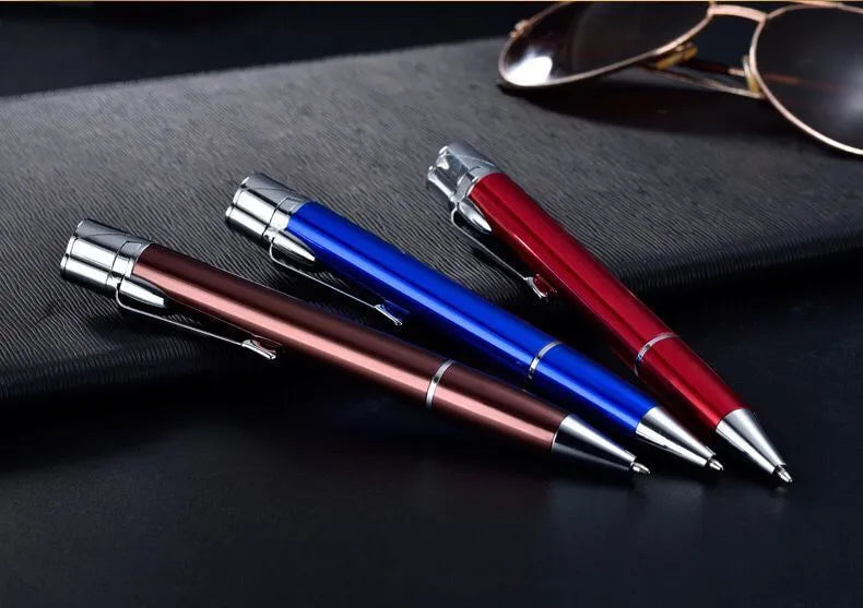 Silver metal windproof jet pen lighter with side ignition and keychain.