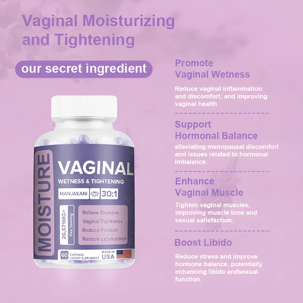 60-capsule vaginal health supplement bottle with plant-extracted gel capsules for adult women