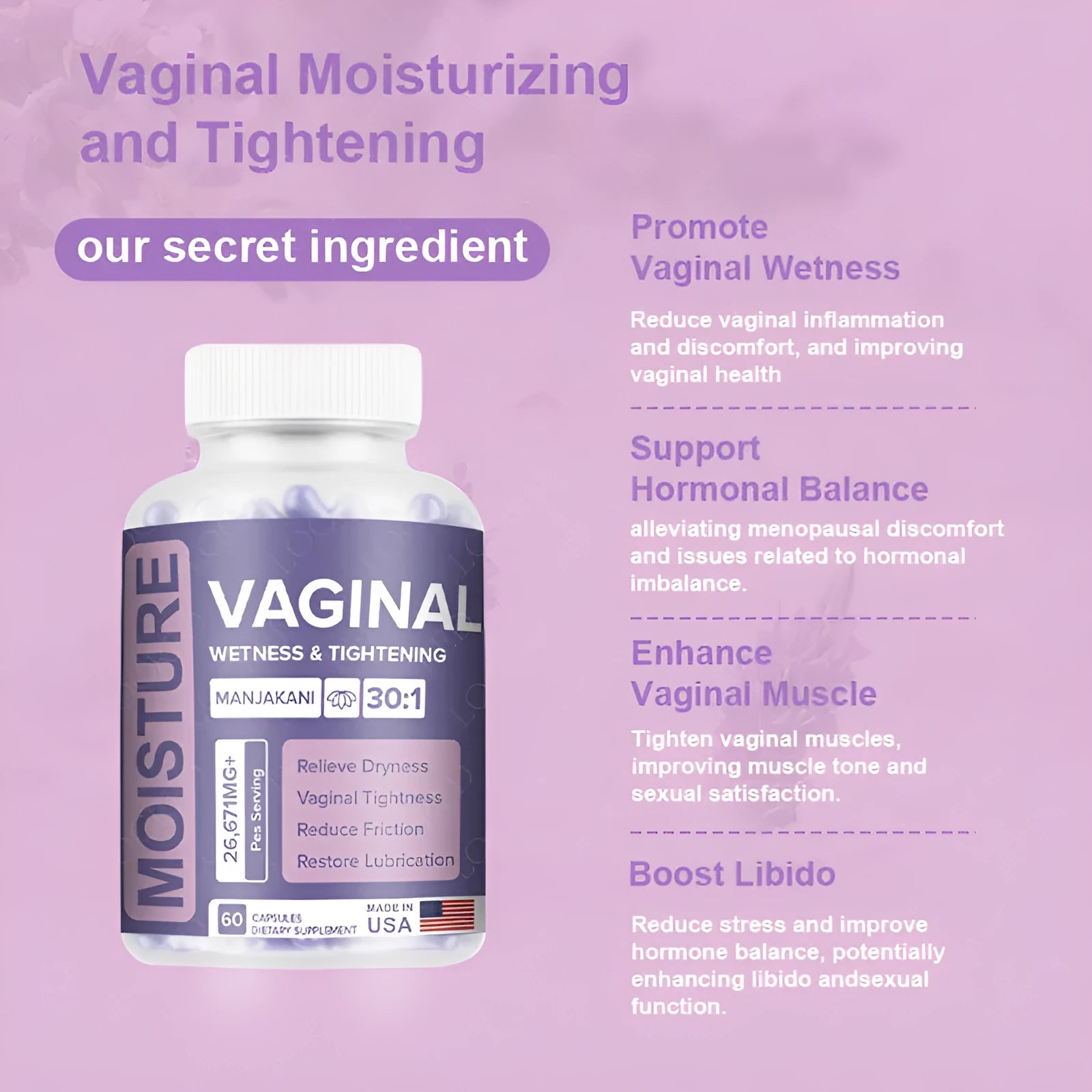 60-capsule vaginal health supplement bottle with plant-extracted gel capsules for adult women