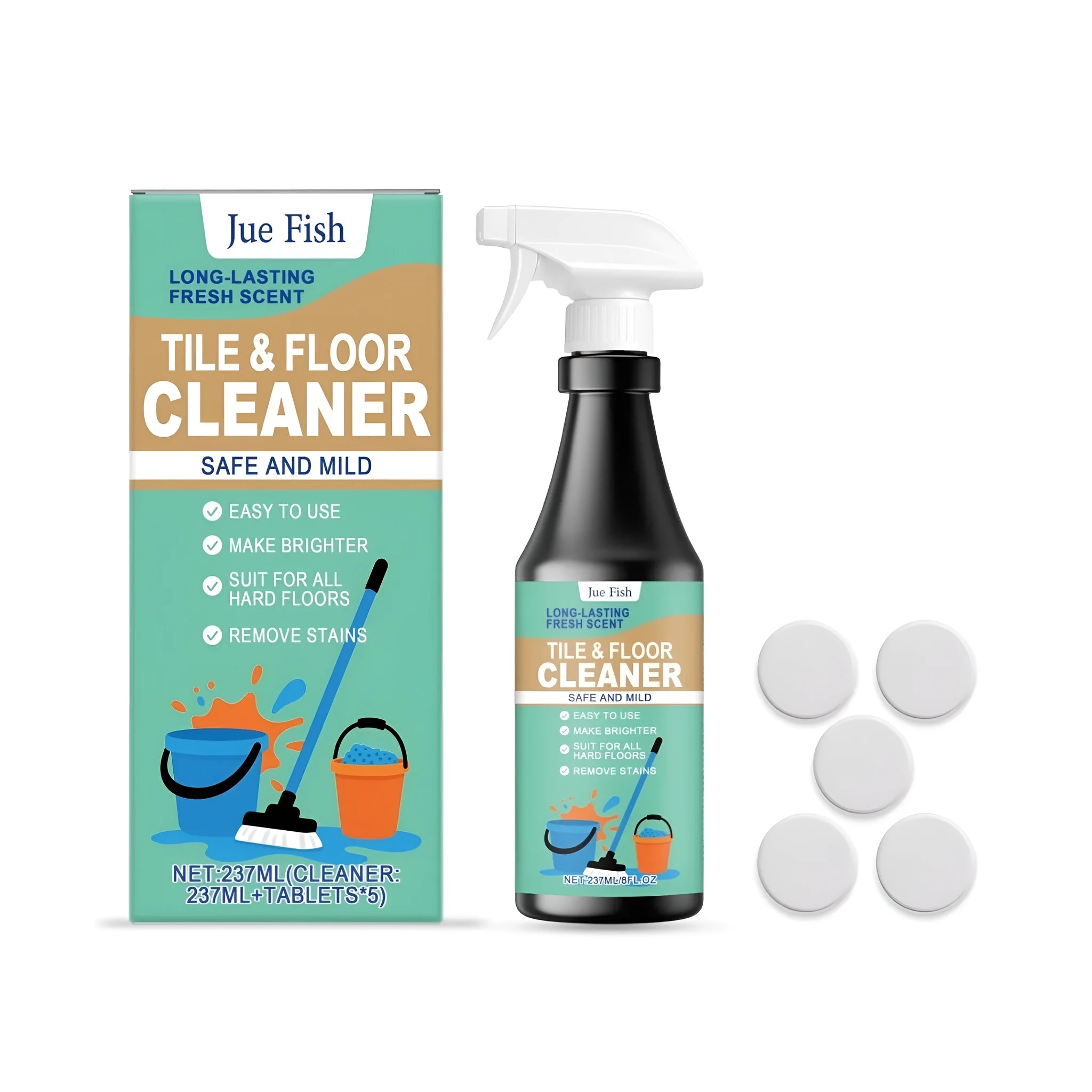 237ml floor cleaner spray bottle with lemon-scented liquid and refill tablets