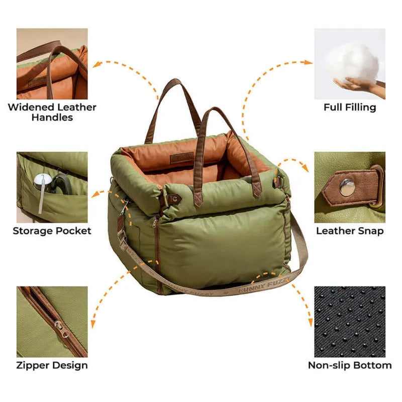 Green waterproof PU dog bed nest with removable cover showing 55x50x45cm dimensions