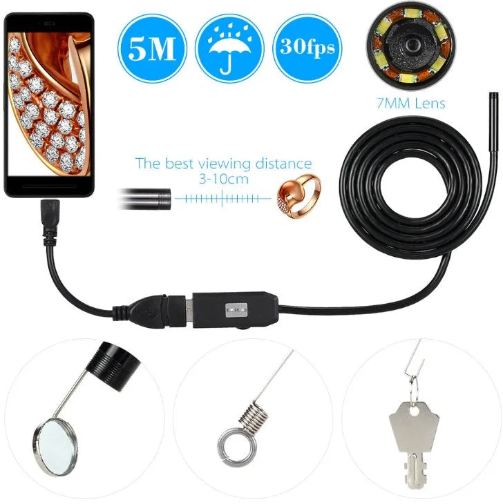 OWSOO USB endoscope with 7mm camera, 5m cable, hook, magnet, and side audition tools on a white background.