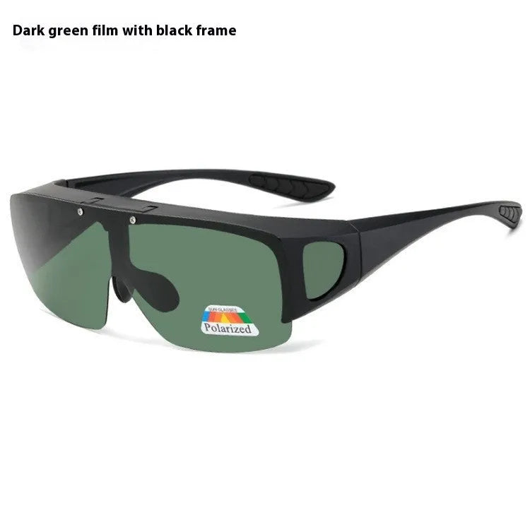 Polarised sports sunglasses with one-piece myopia glasses design for outdoor activities.
