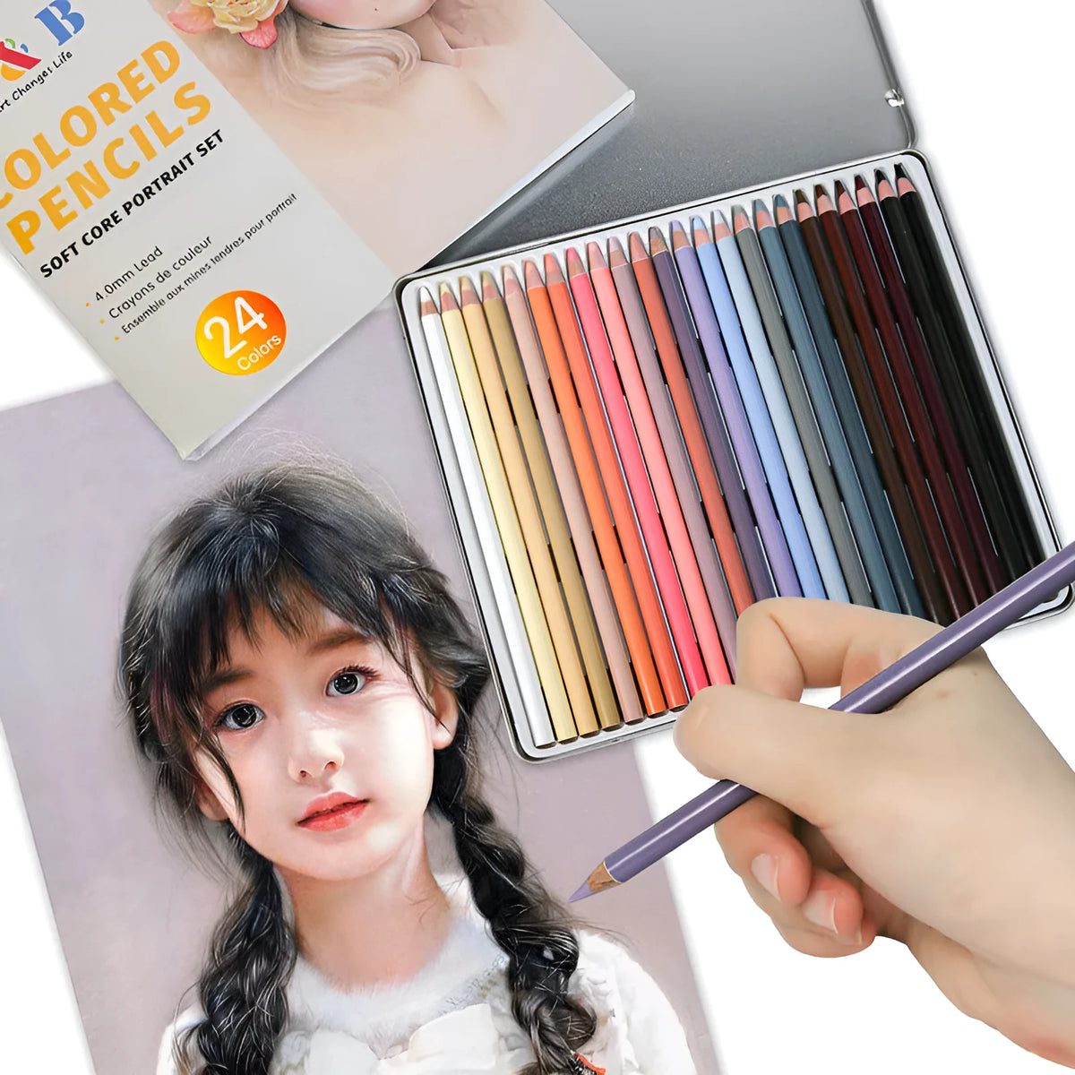 24-colour skin tone portrait pencils in round iron box packaging for artistic portrait work