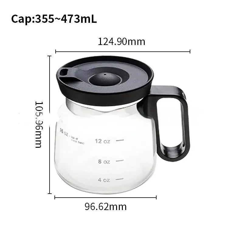 Transparent borosilicate glass coffee maker with silicone lid showing 355ml-473ml capacity markings
