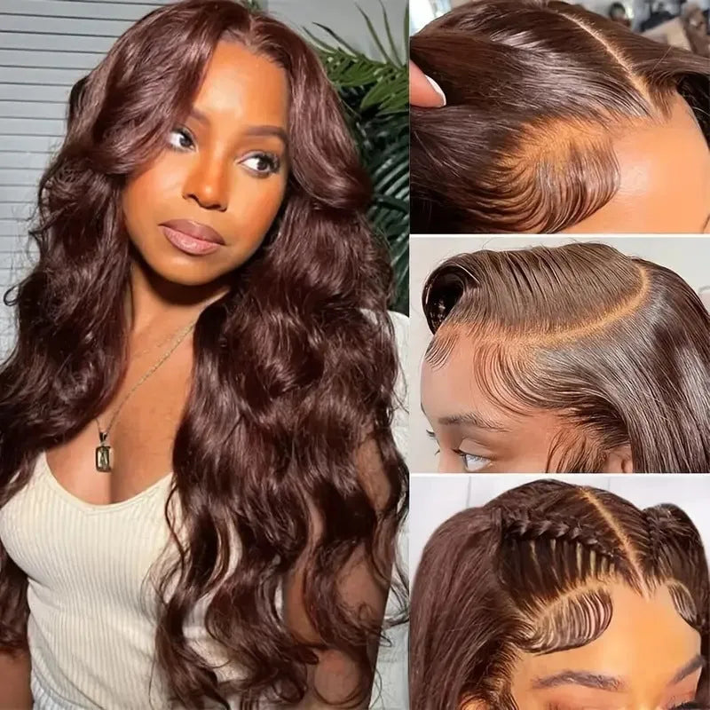 Women's front lace wig with long curly hair and side bangs in LY082 dark brown colour on display