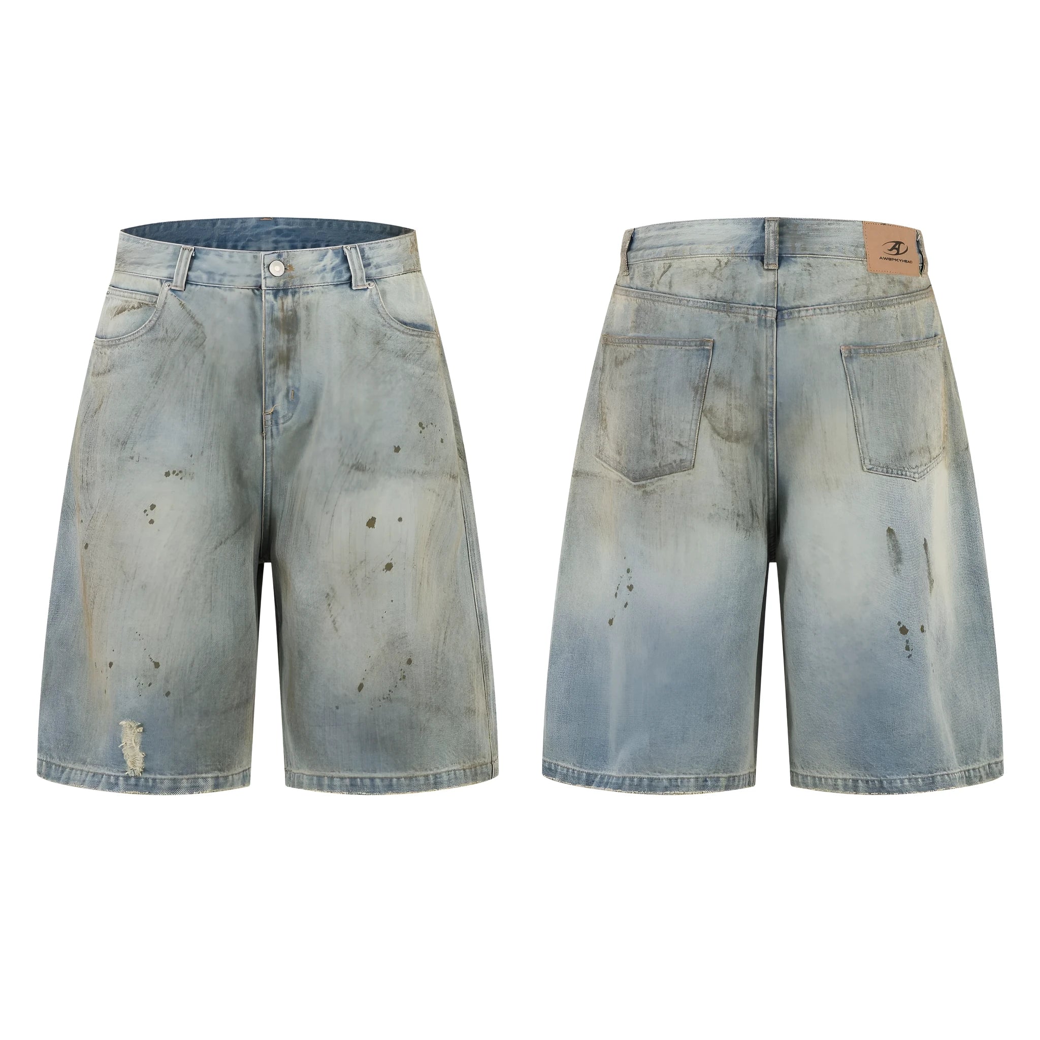 Blue cropped denim jeans with straight-leg cut and zipper fly on street fashion background