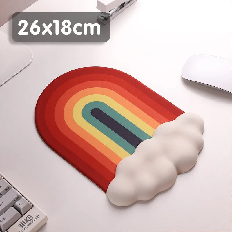 Silicone wrist rest mouse pad and matching keyboard support with cloud pattern design on desk