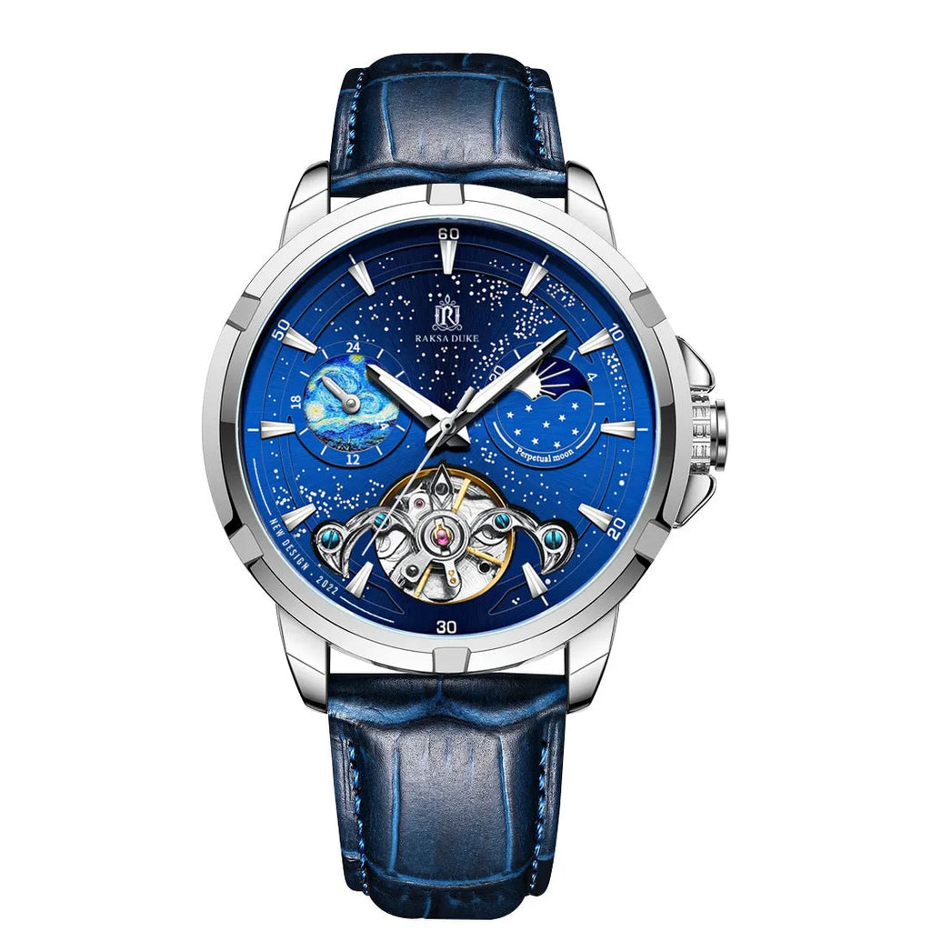 Men's blue automatic mechanical watch with stainless steel case