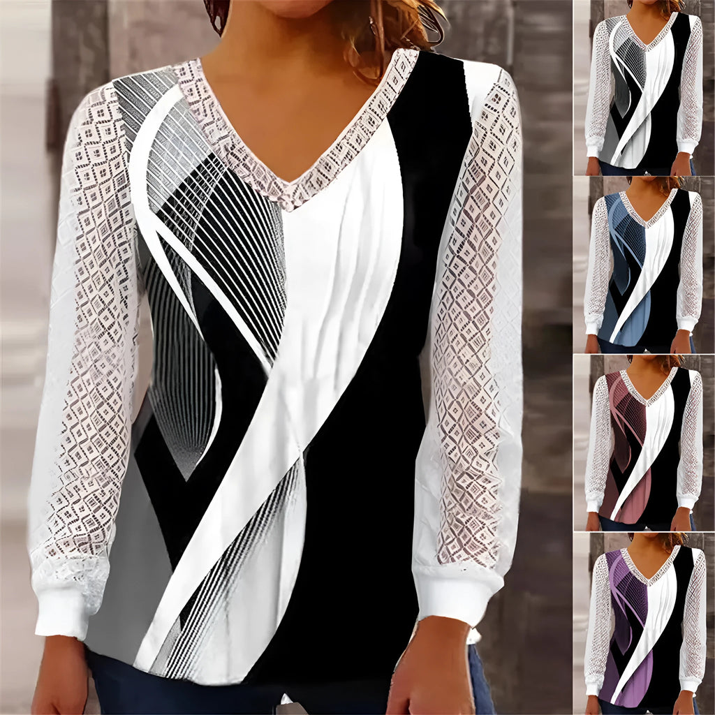 Women's V-neck loose lace top with hollow-out detailing in purple, wine red, gray or blue