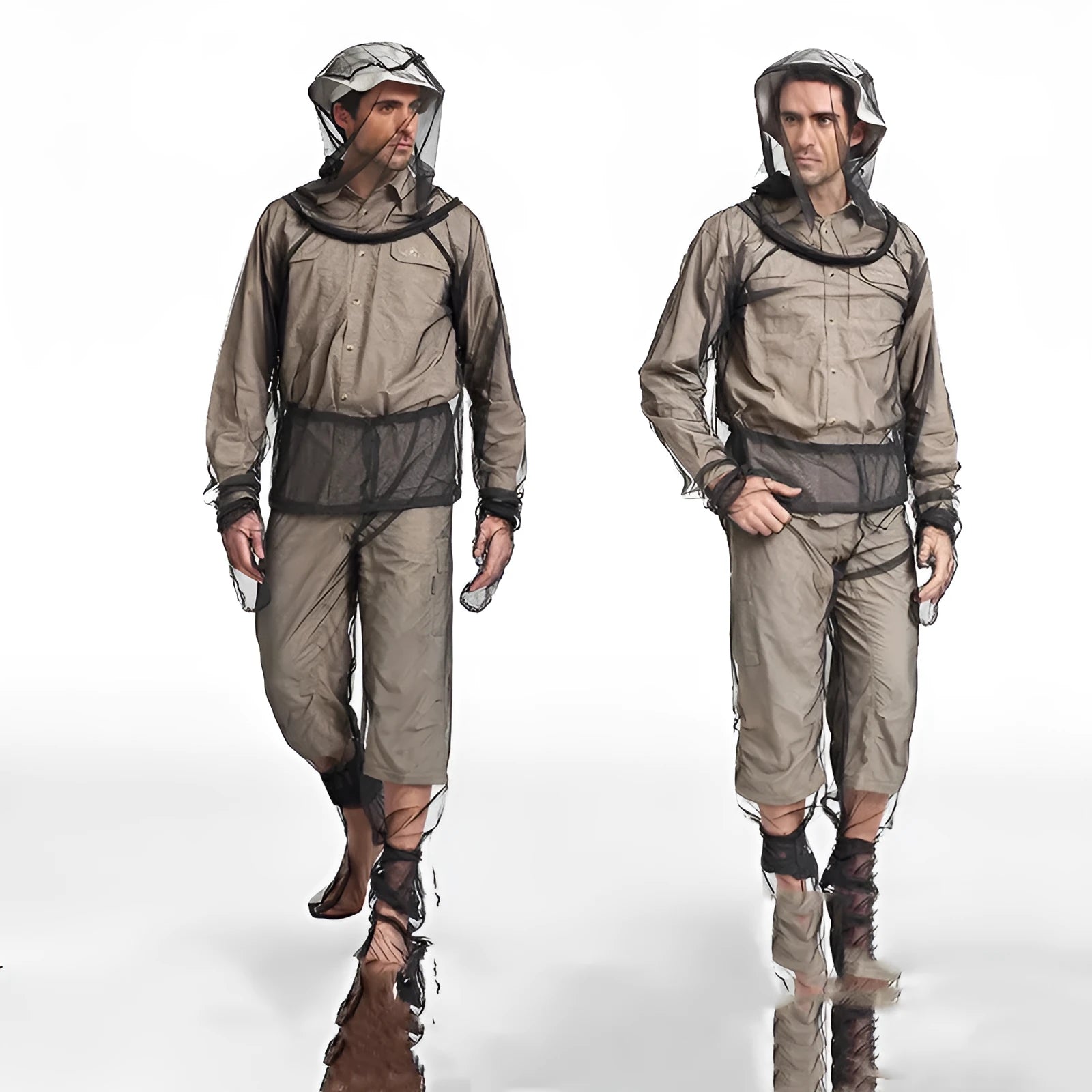 Four-piece anti-mosquito suit set with hooded top, trousers and booties for outdoor protection