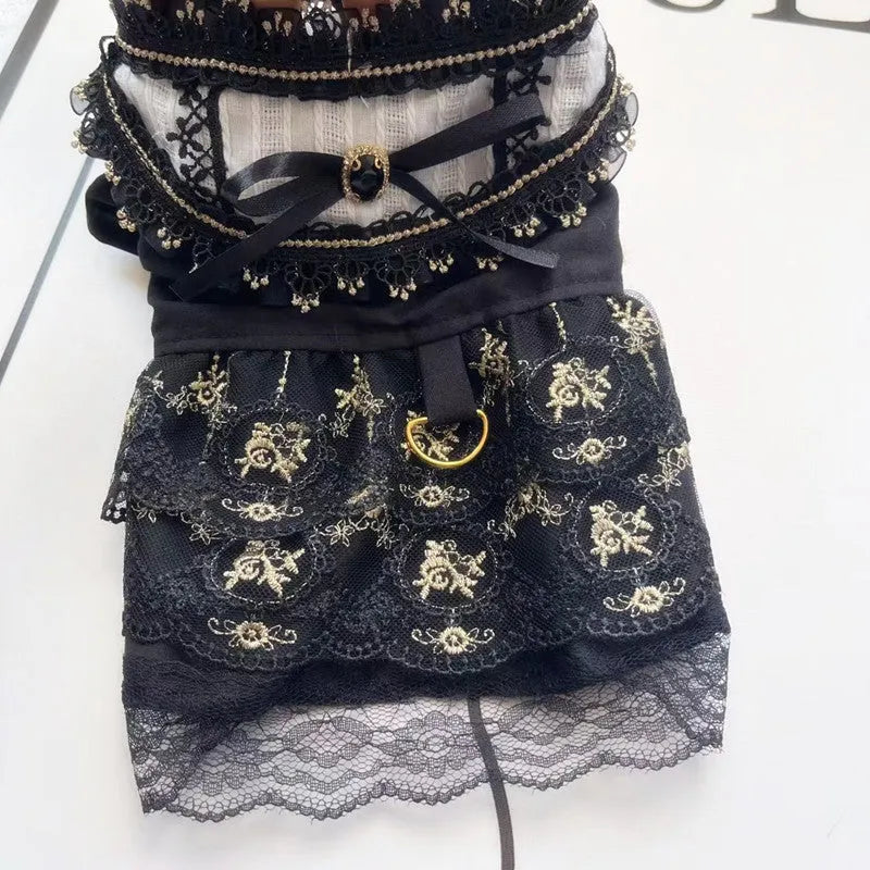 Golden Gothic-style princess skirt costume for a small dog or cat on a mannequin.