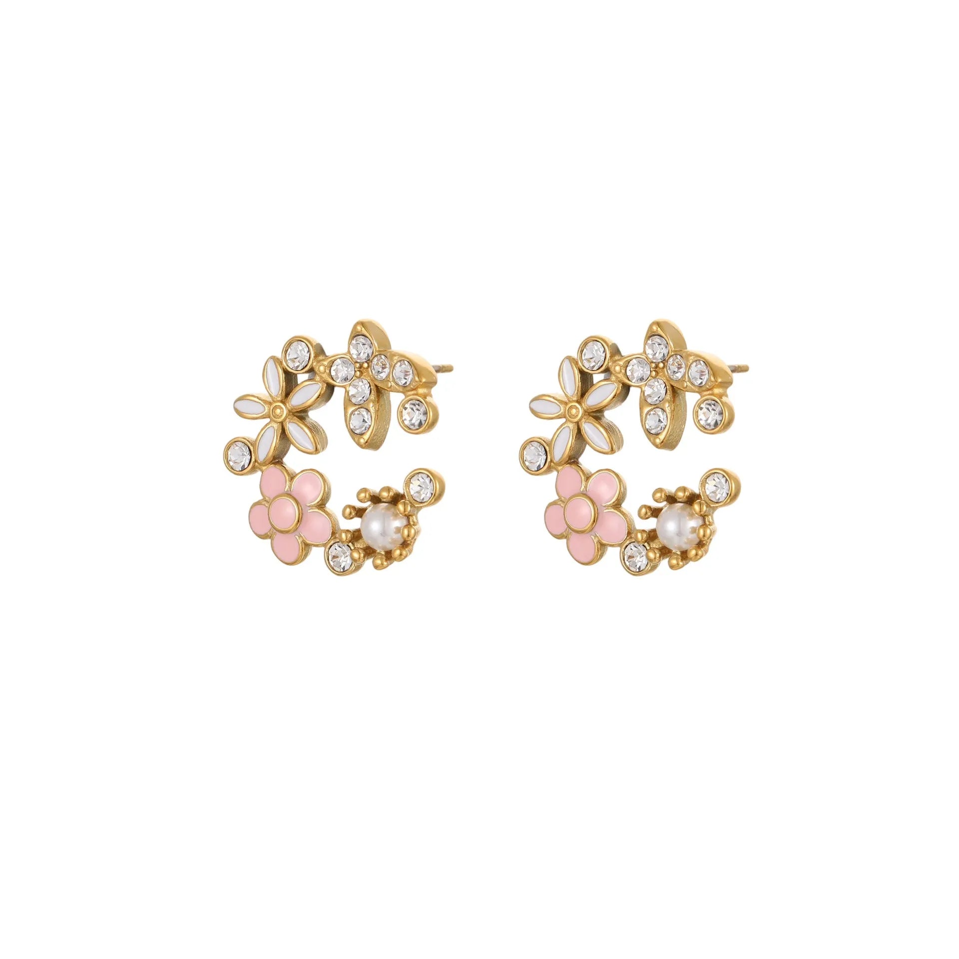 Gold electroplated flower stud earrings with petal design and colourful oil finish