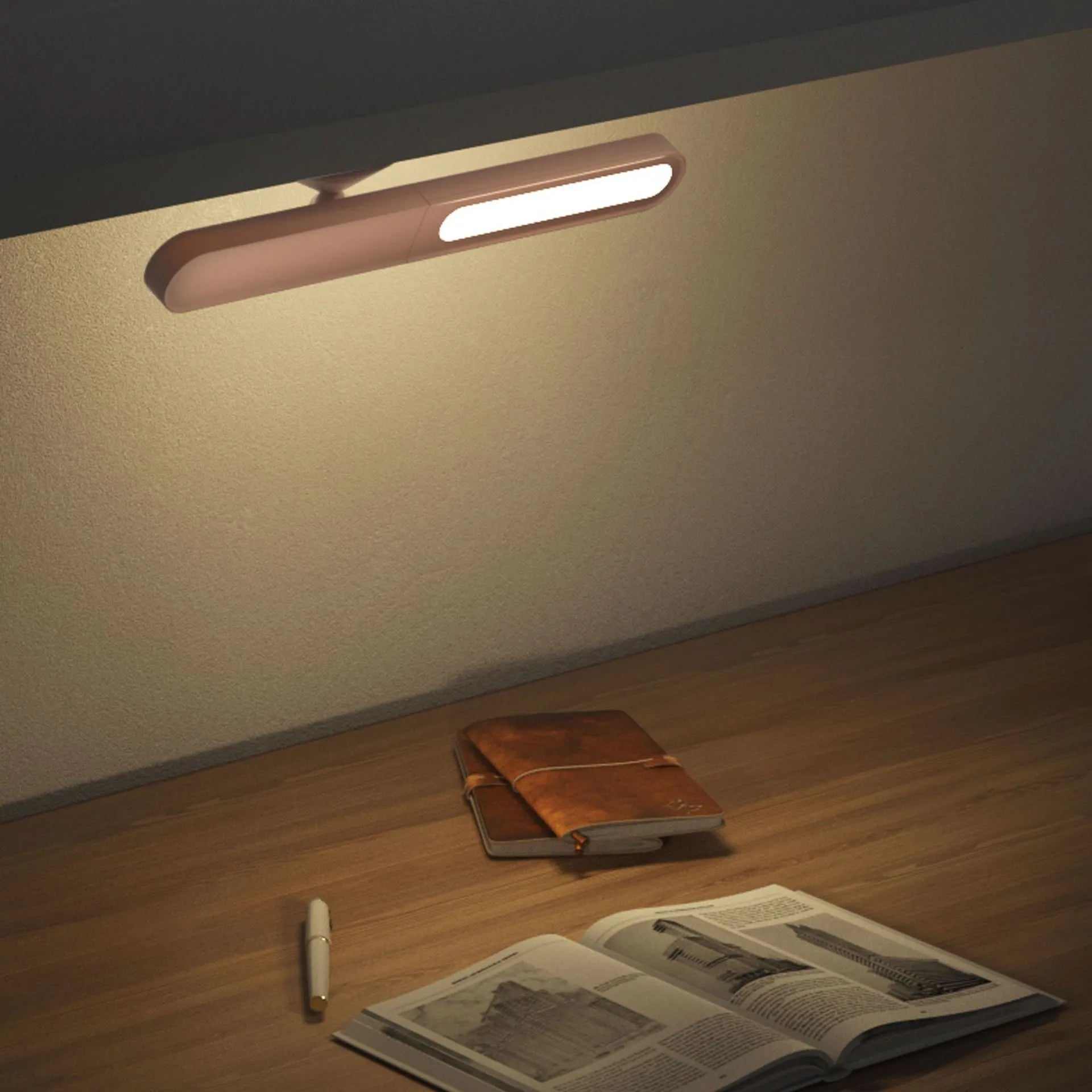 Geometric desk lamp with magnetic suction showing touch switch and USB power connection