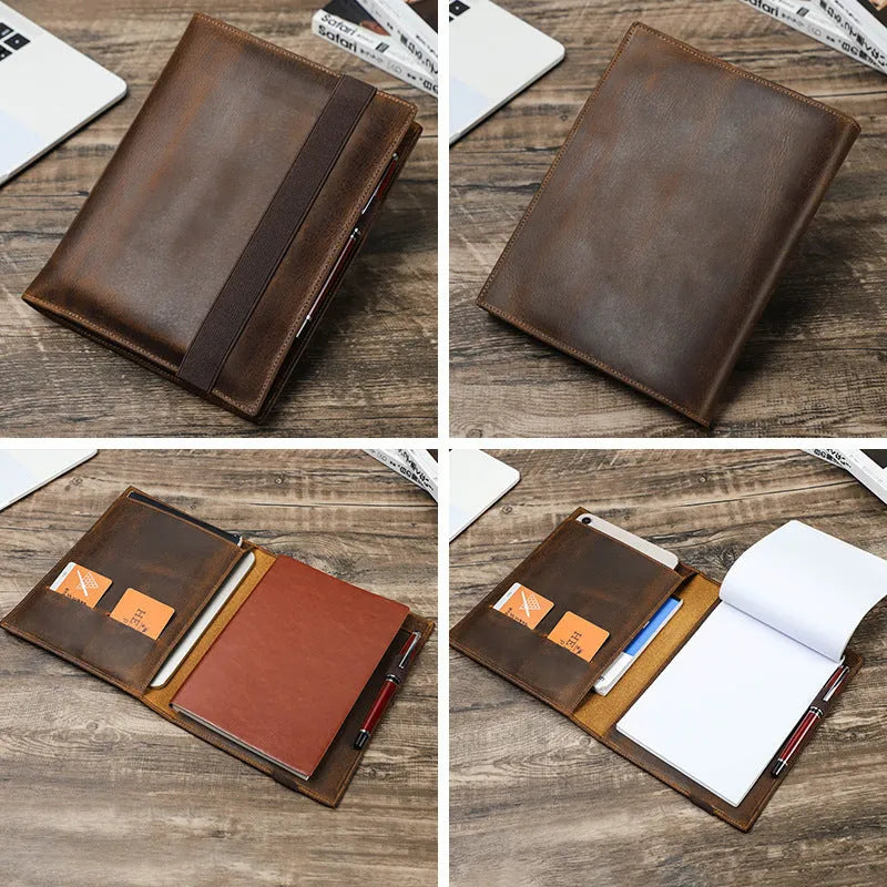 Brown Crazy Horse leather A5 notebook protective sleeve with square socket-style design