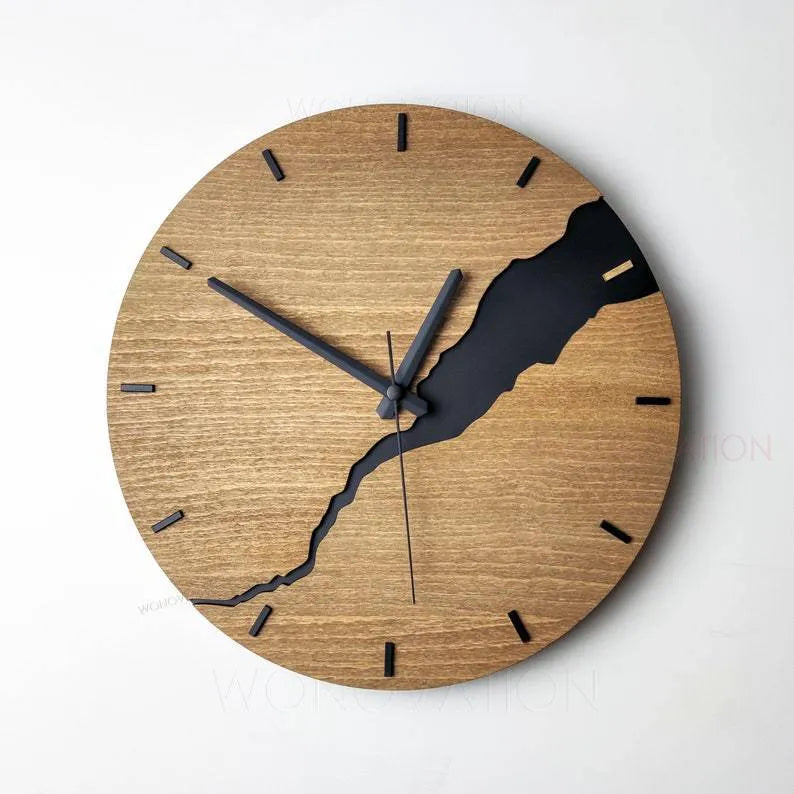 Modern wooden wall clock with crack-effect design on circular 30cm face