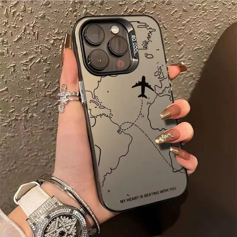 Silver PC hard phone case with flight map design in black, white, purple, or green for iPhone 11 to 16 Pro Max.