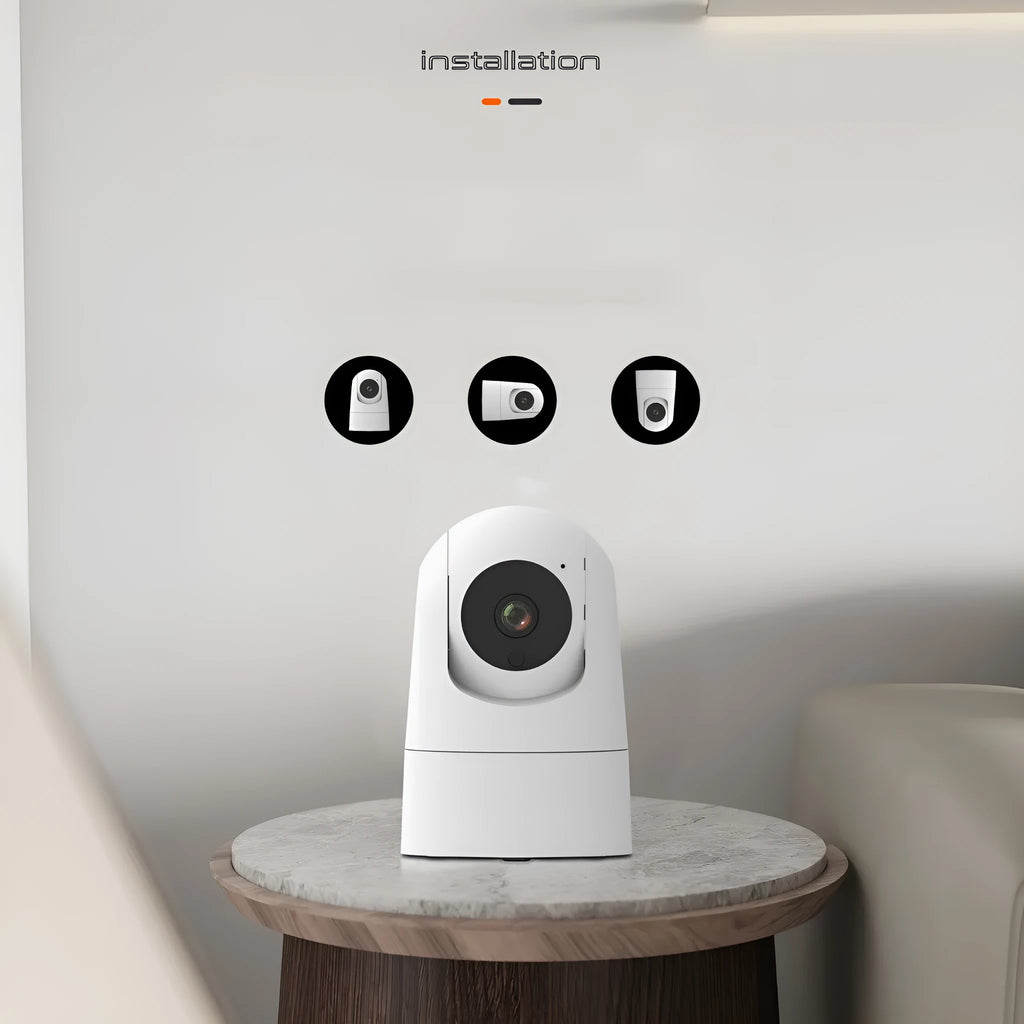 White indoor smart security camera with shake head mechanism and wide-angle lens on mounting base