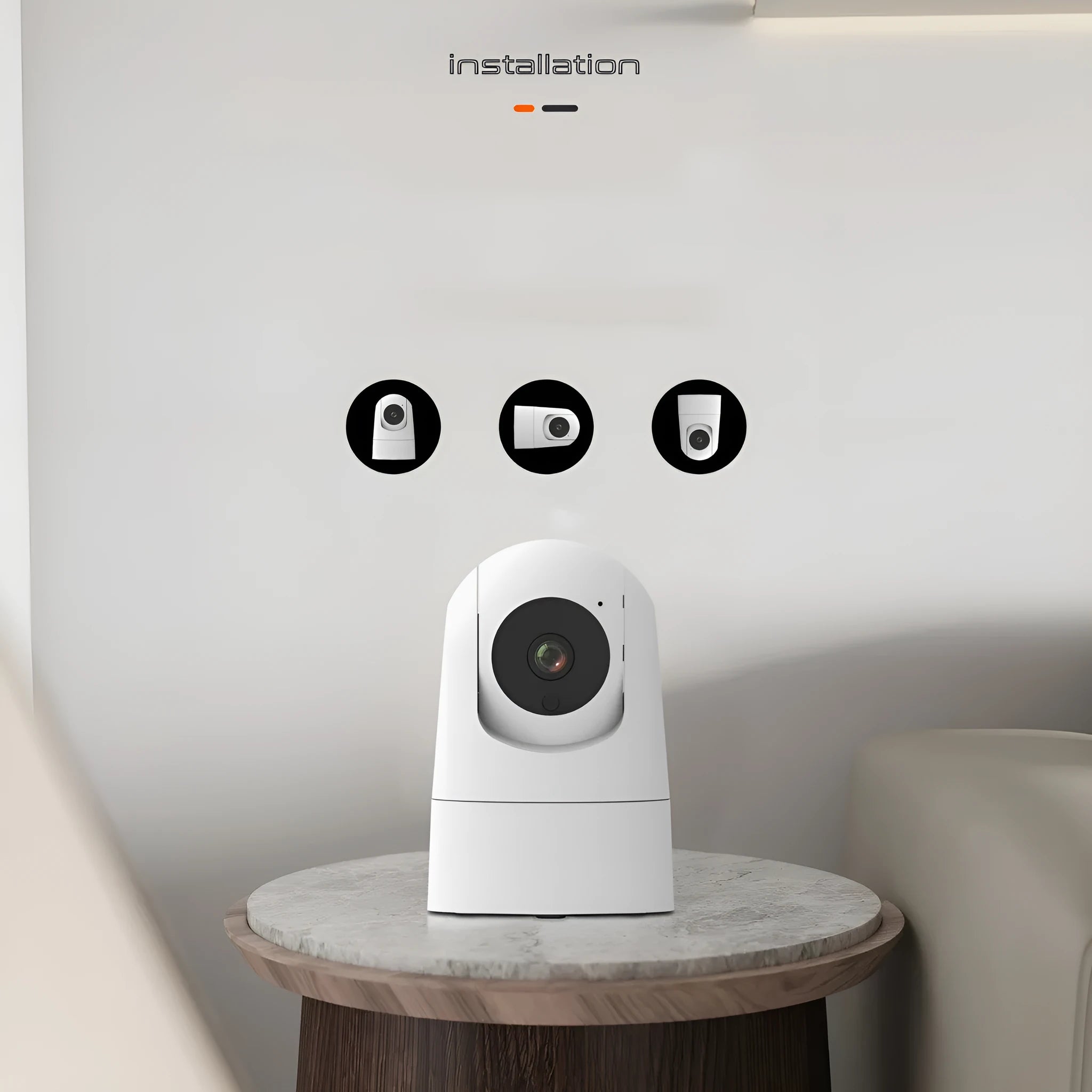 White indoor smart security camera with shake head mechanism and wide-angle lens on mounting base