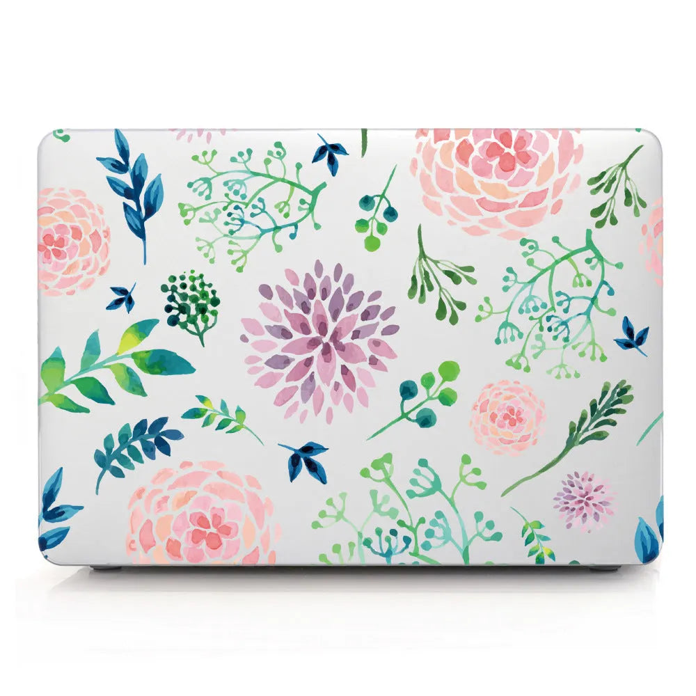 Hard plastic laptop protective shell with a partial floral print design for MacBook Air and Pro models.