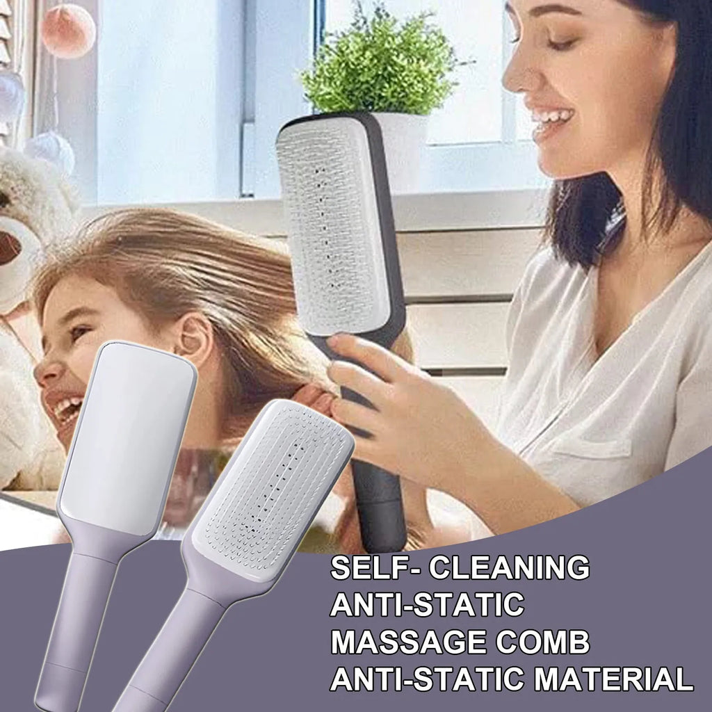 Self-cleaning anti-static massage hair brush with rotating handle in purple colour