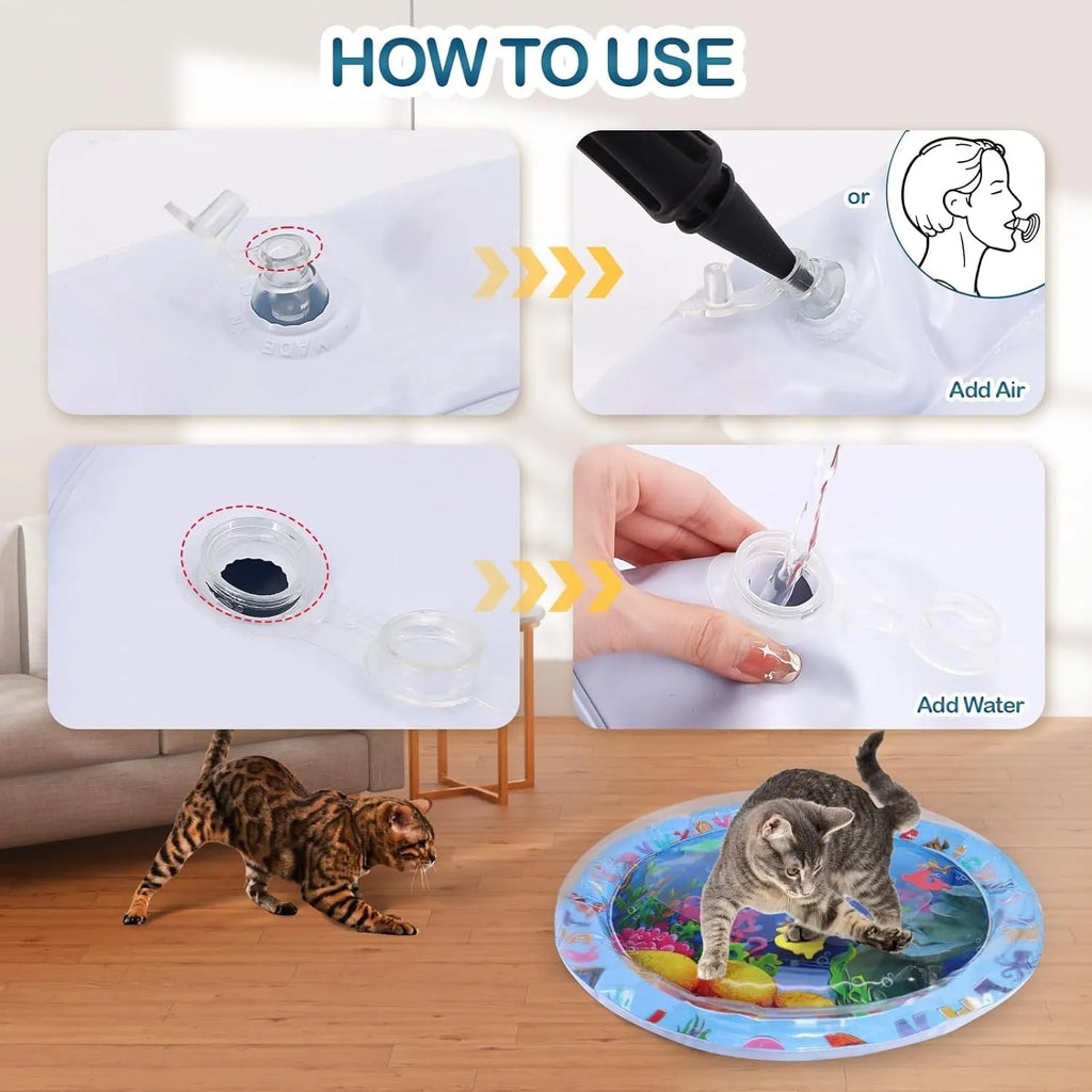 Water sensory playmat for cats with floating toys in ocean theme design on blue PVC surface