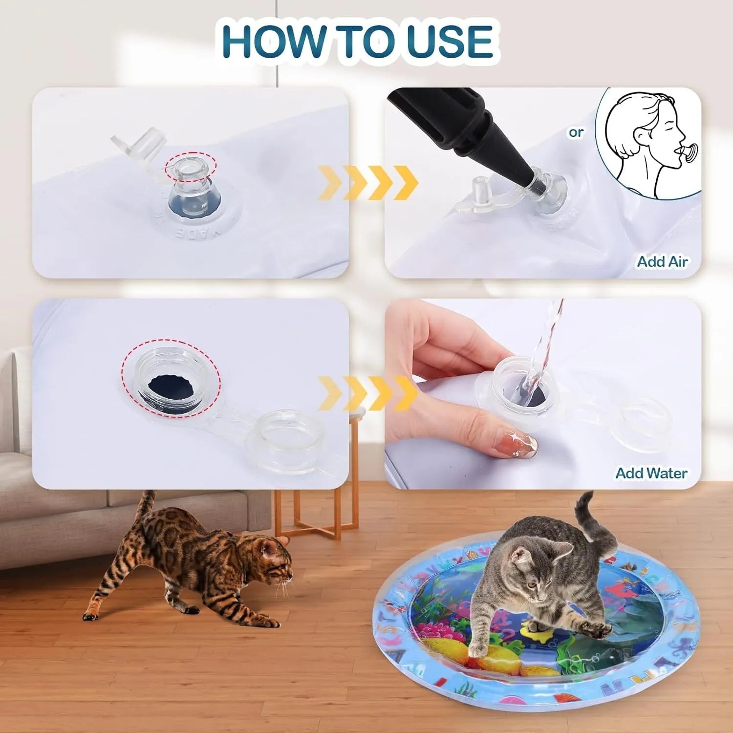 Water sensory playmat for cats with floating toys in ocean theme design on blue PVC surface