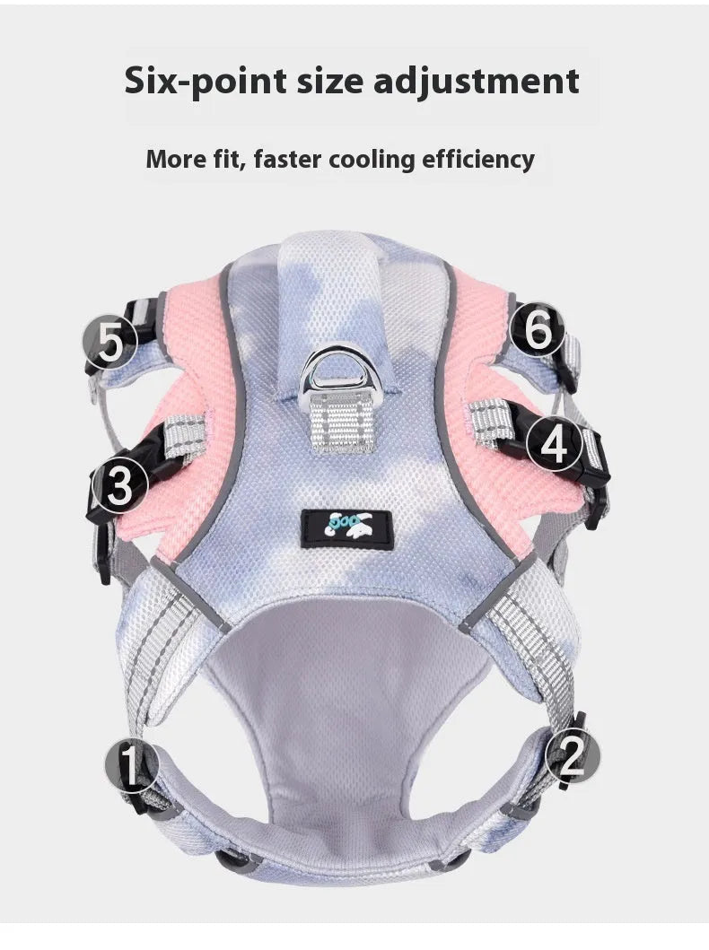Reflective light blue pet cooling chest strap shown on a dog model