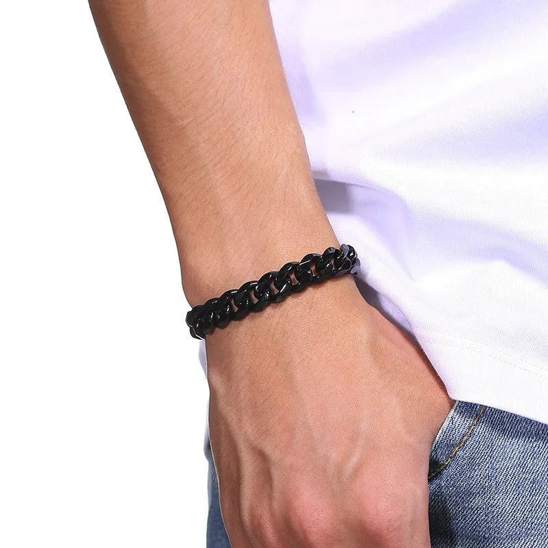 Six-sided geometric gold Cuban link chain metal bracelet showing multiple width and colour options