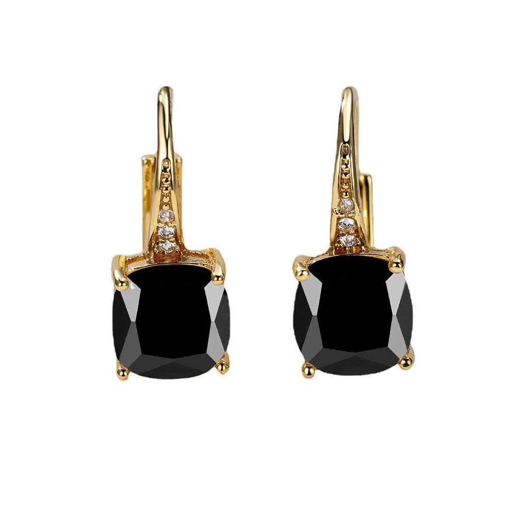 Geometric copper ear hook earrings with a square zircon stone in a rose gold electroplated finish.