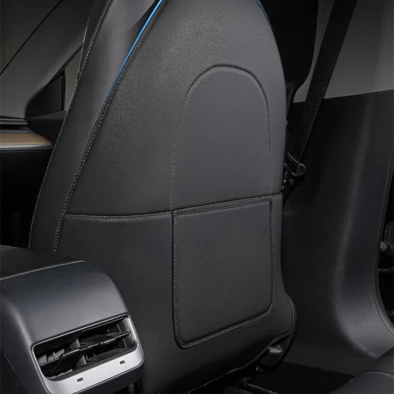 Black leather car rear seat anti-kick protection pad showing full coverage design.