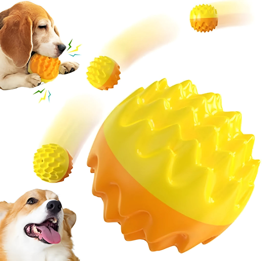 Blue and orange spiky rubber dog ball with squeaker for dental cleaning and water play