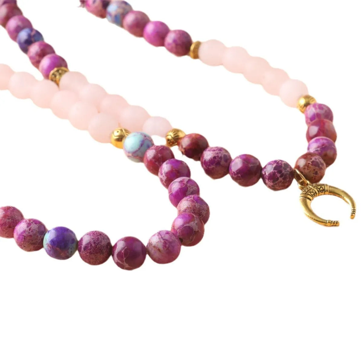 Round pendant necklace with pink crystal emperor stone and personalised bead design on chain