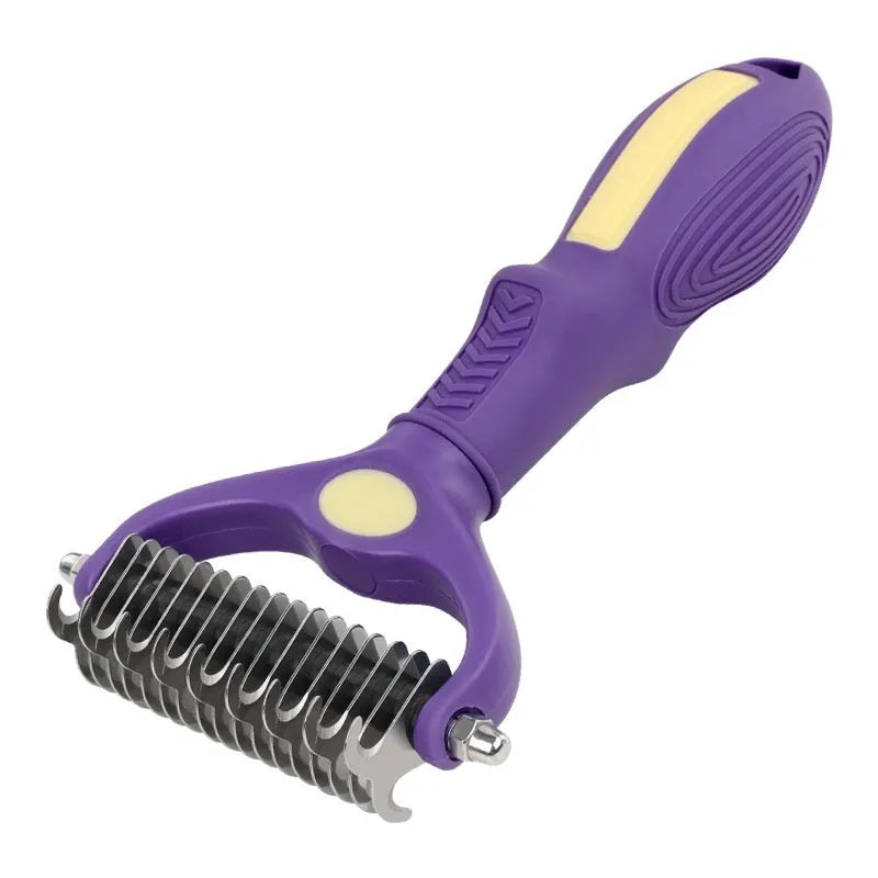 Purple plastic double-sided pet comb for removing knots from dog or cat fur.