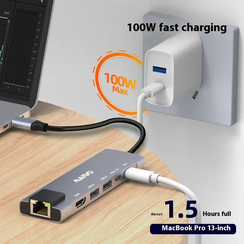 Steam Deck six-port docking station with aluminium casing and 15cm USB-C cable showing HDMI, Ethernet and USB ports