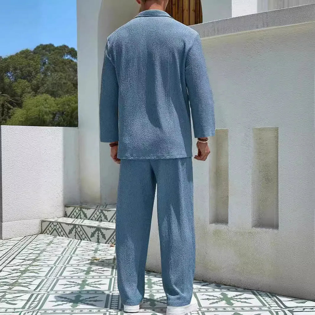 Men's casual polyester shirt trousers suit set in lake blue, khaki, black, or caramel colours